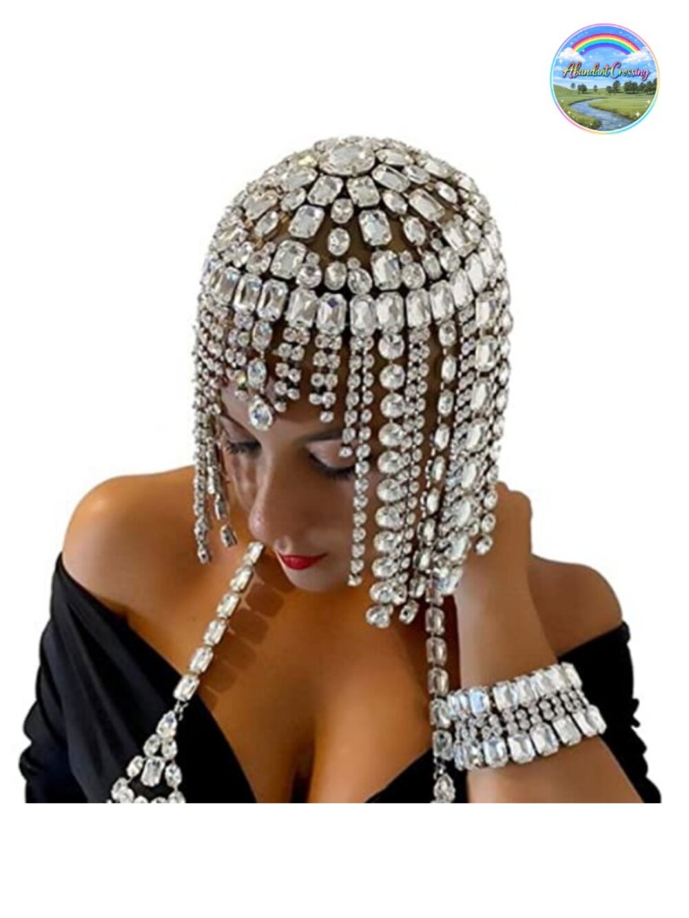 1920s Rhinestone Headpiece Cap for Women Crystal Flapper Head Chain Handmade